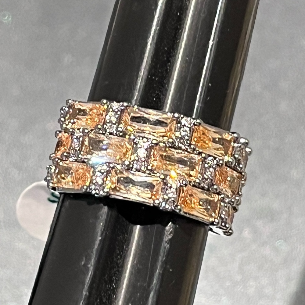 Smokey Topaz Baguette CZ Statement Ring Size 8, Wide Band